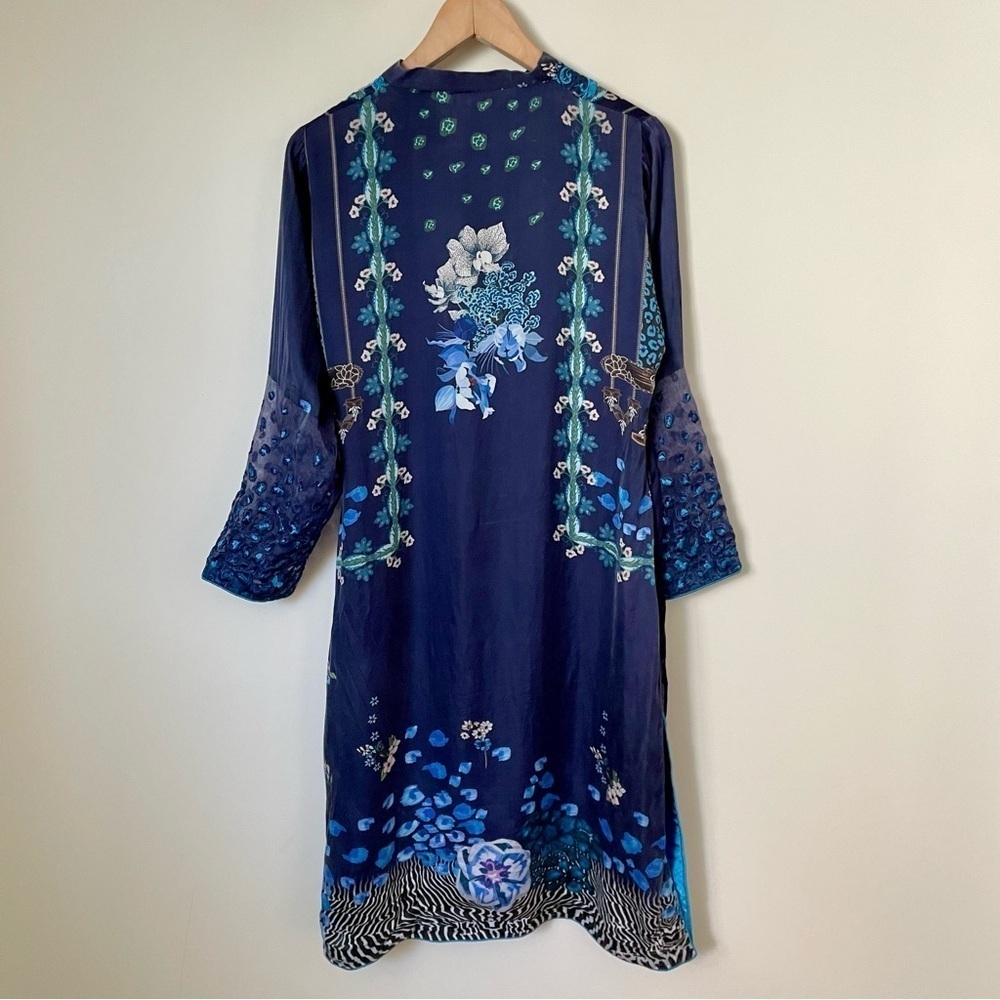 Satin Embroidered Tunic Top Blue Asian Print - Picture 5 of 7